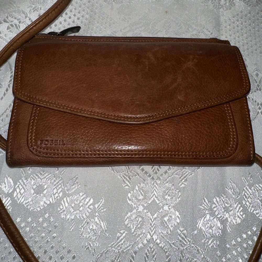 Fossil Wallet Brown Genuine Leather Bifold Snap Flap with Strap